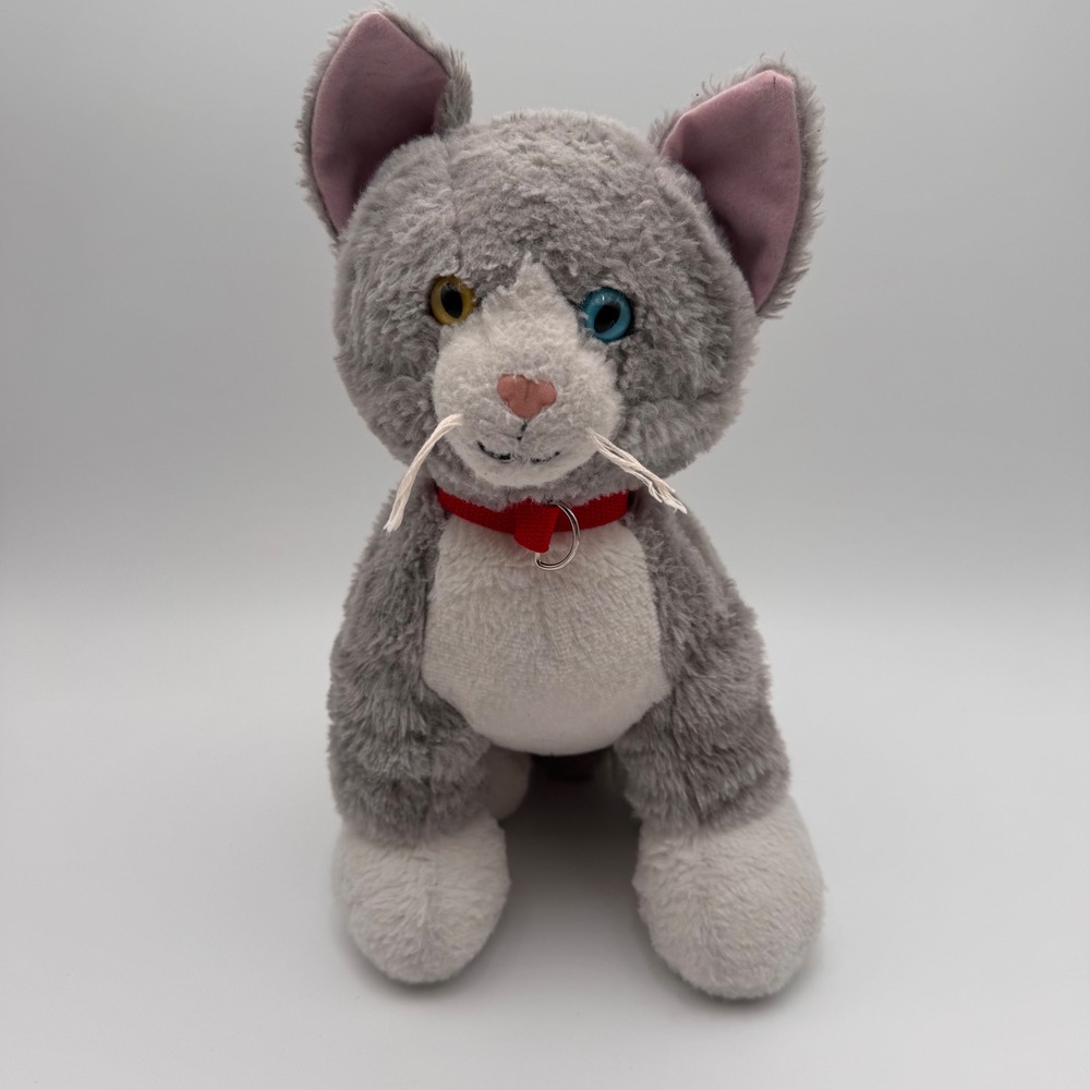 Build-A-Bear Grey Tabby Cat Plush Heterochromia Blue Yellow Eyes Red Collar 2022